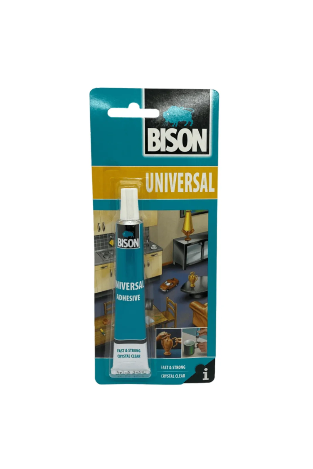 Bison Universal Şeffaf Yapıştırıcı 25 ml kartela ambalajında ön yüz