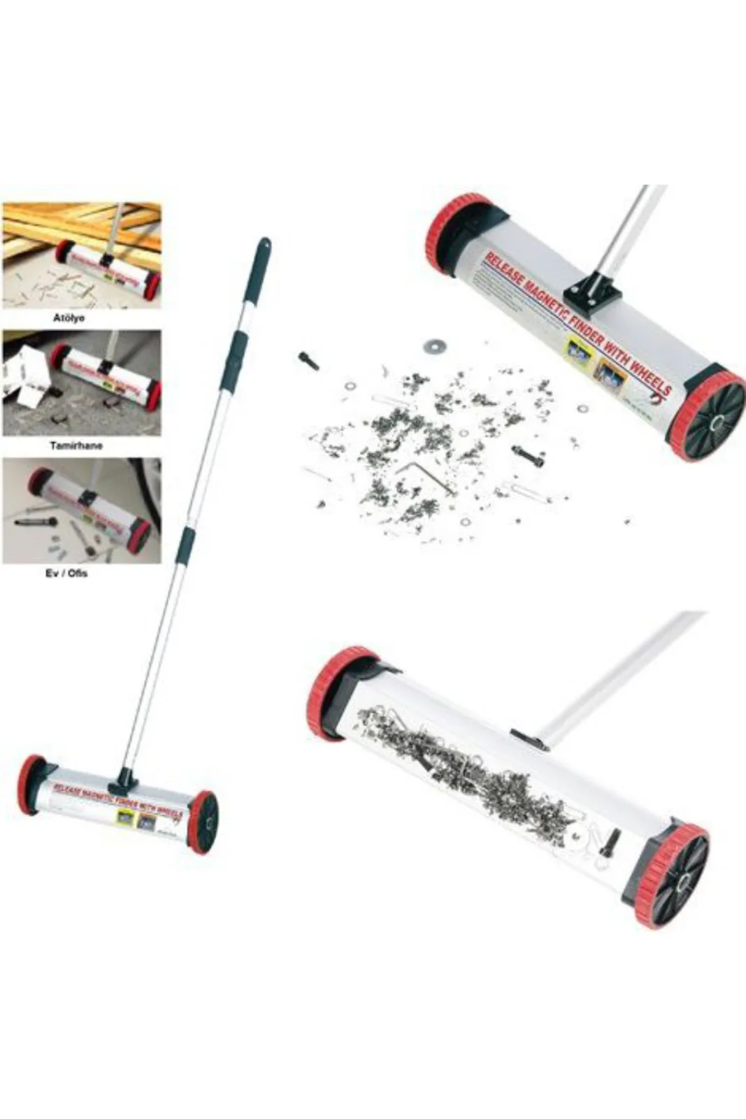 Tekerlekli Manyetik Metal Toplayıcı Süpürge Küçük Boy 35 cm tekerlekli gövde ve kullanım örnekleri