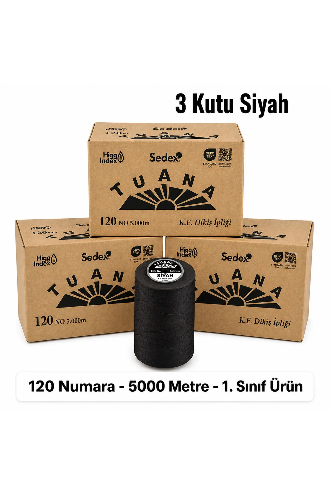 Tuana Polyester Dikiş İpliği 120 No 5000 Metre Siyah 3 Kutu 18 Bobin 3 koli ve siyah bobin