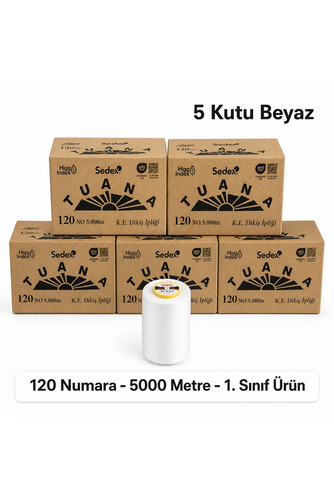 Tuana Polyester Dikiş İpliği 120 No 5000 Metre Beyaz 5 Kutu 30 Bobin 5 koli ve beyaz bobin