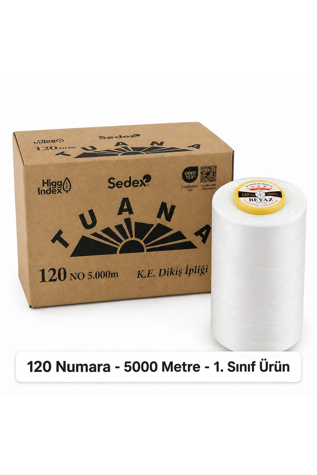 Tuana Polyester Dikiş İpliği 120 Numara 5000 Metre Beyaz Tekli Bobin koli yanında tek beyaz bobin