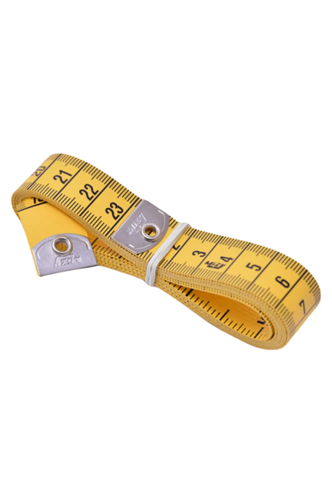 MİZY Sarı Terzi Mezurası 1.5 m Cm/İnç Çift Taraflı RS-150YY 5 Adet sarı şerit, katlı halde çapraz görünüm