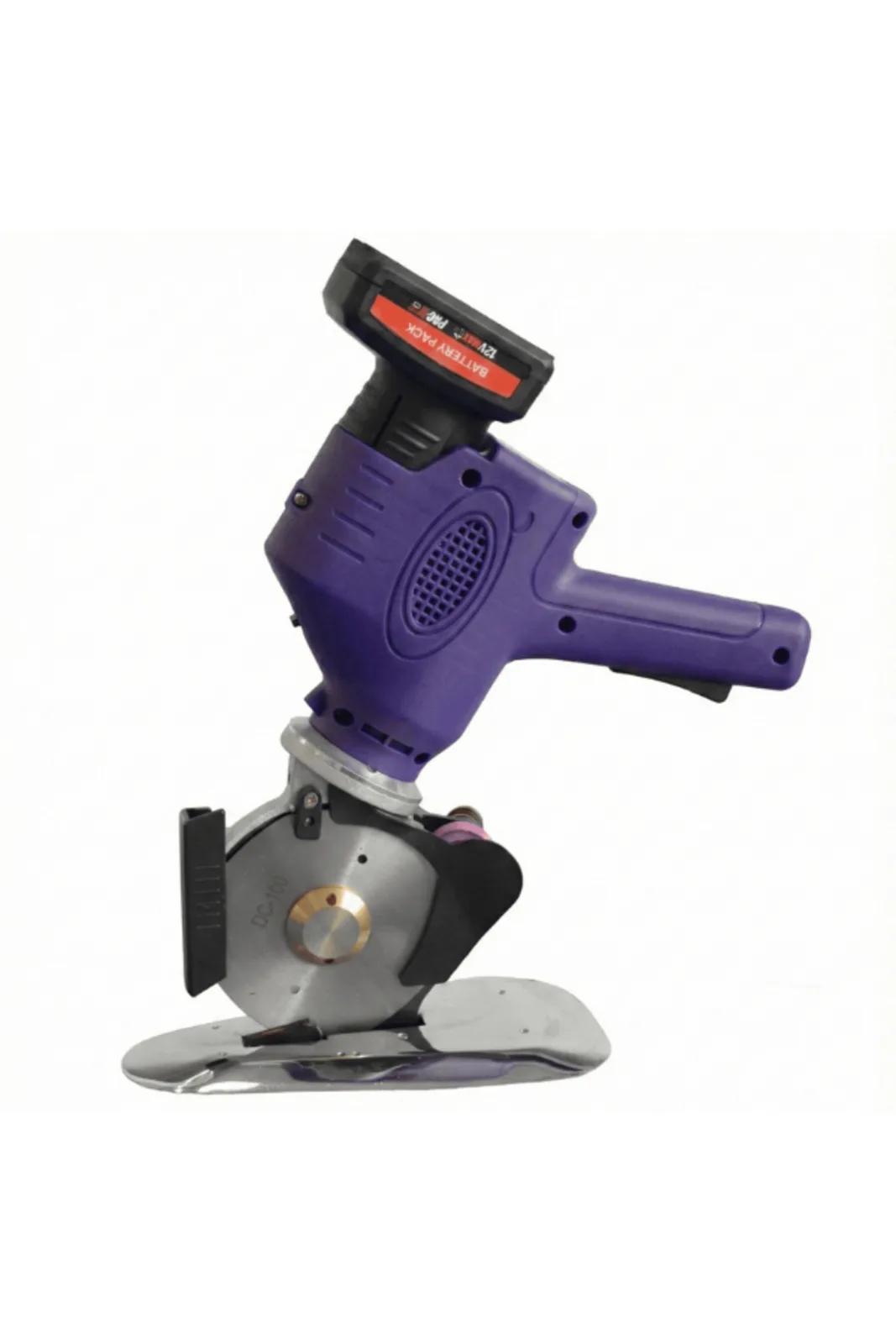 Moonstar Akülü Yuvarlak Kumaş Kesim Motoru 4 İnç 12V DC-100 YCM-40 mor gövdeli, yandan görünüm