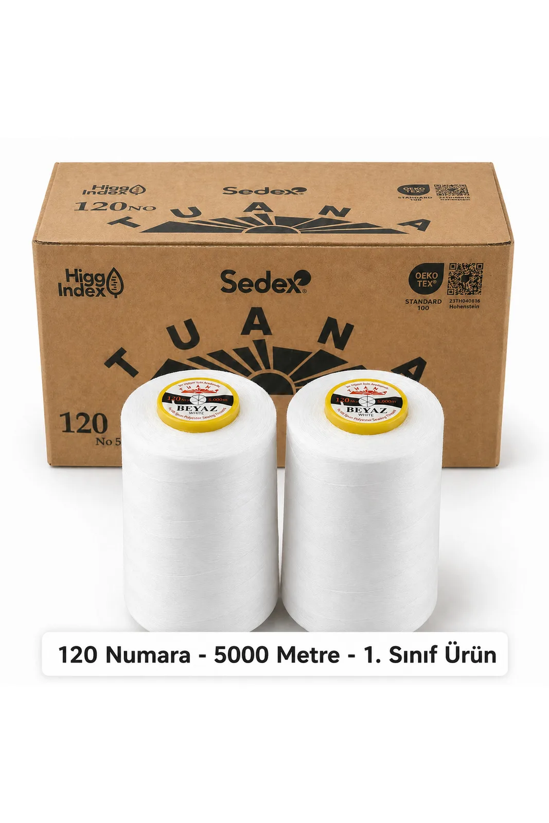 Tuana Polyester Dikiş İpliği 120 Numara 5000 Metre Beyaz 2'li Bobin koli önünde iki beyaz bobin