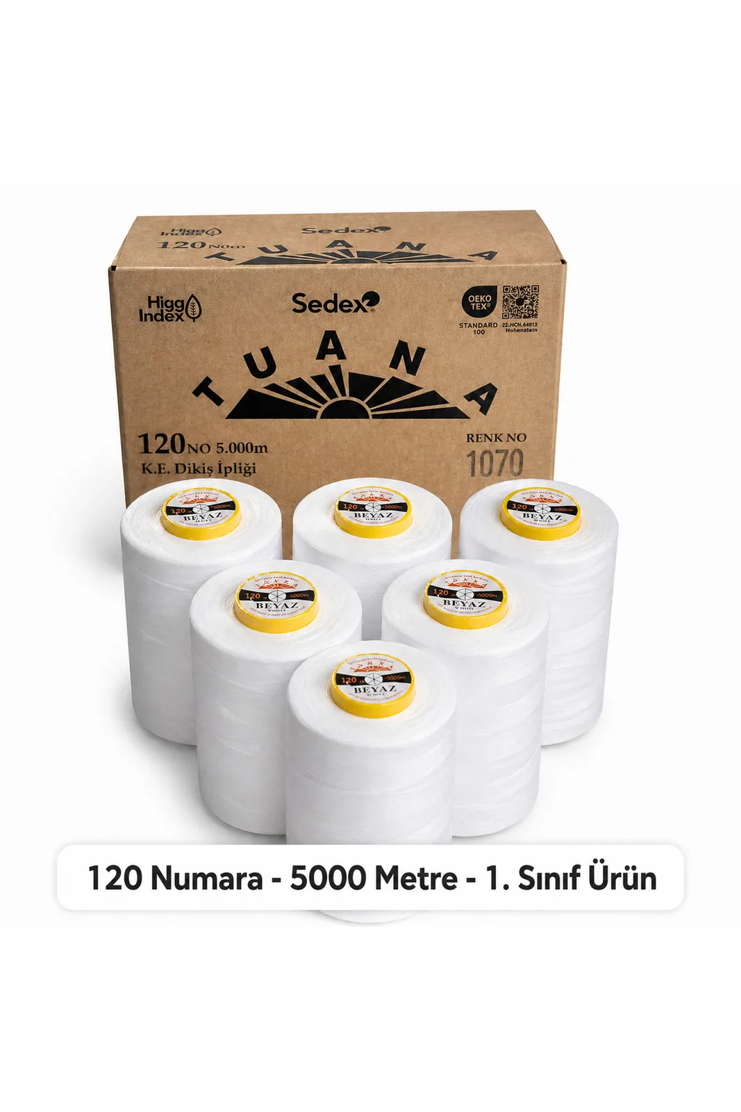Tuana Polyester Dikiş İpliği 120 Numara 5000 Metre Beyaz 6'lı Bobin koli önünde altı beyaz bobin