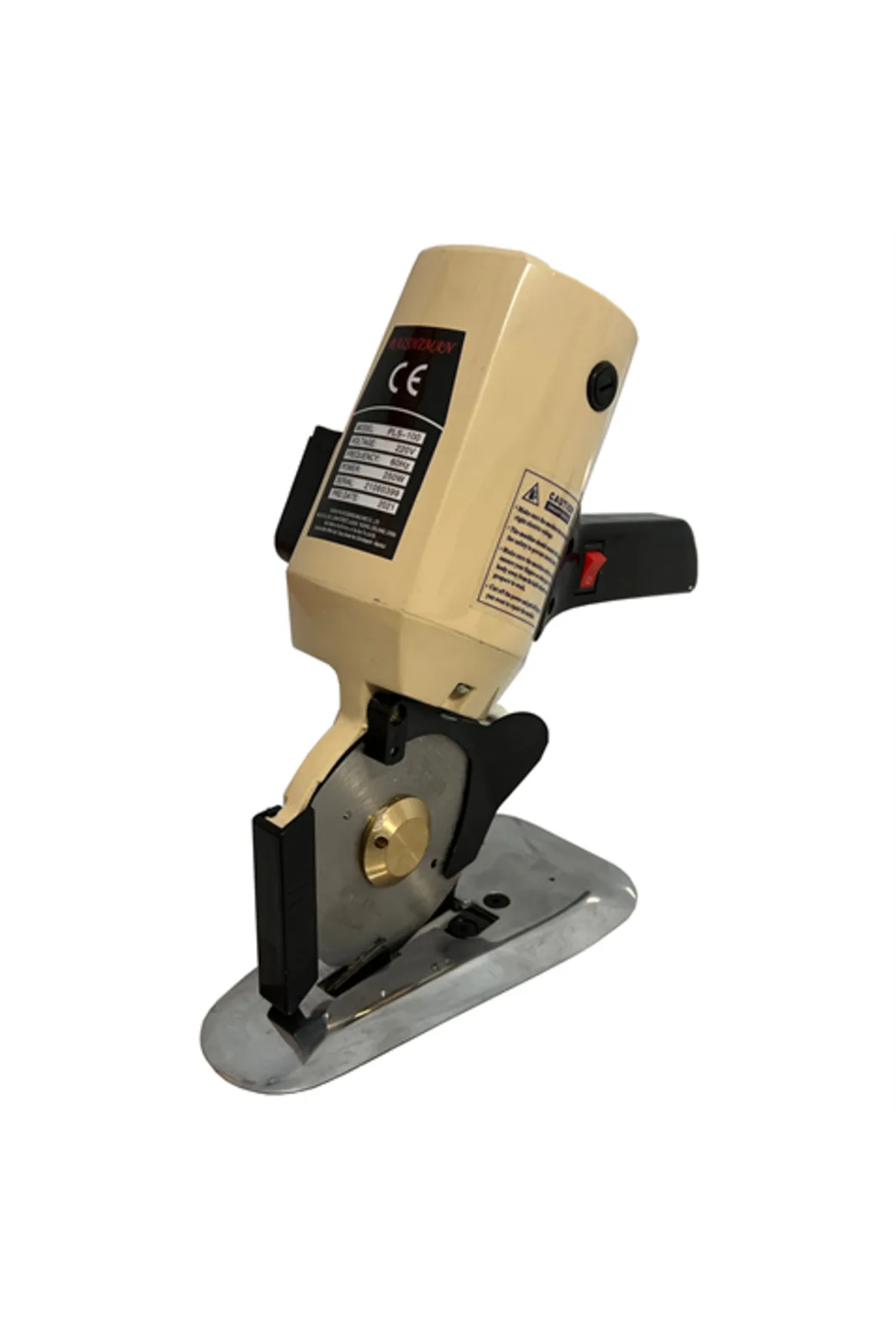 Yuvarlak Kumaş Kesim Motoru 250W 4 İnç PLS-100 YCM-40 yandan görünüm, kesici disk ve taban