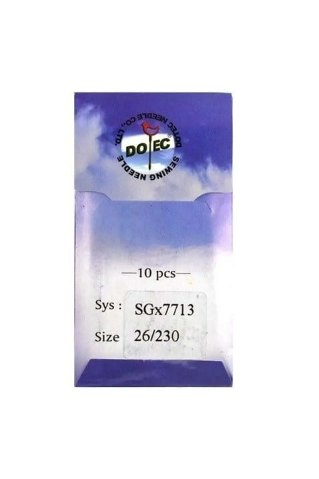 Dotec Halı Overlok Dikiş İğnesi SGX7713 DK 2500 26/230 10 Adet paket ön yüzü, etiket bilgisi