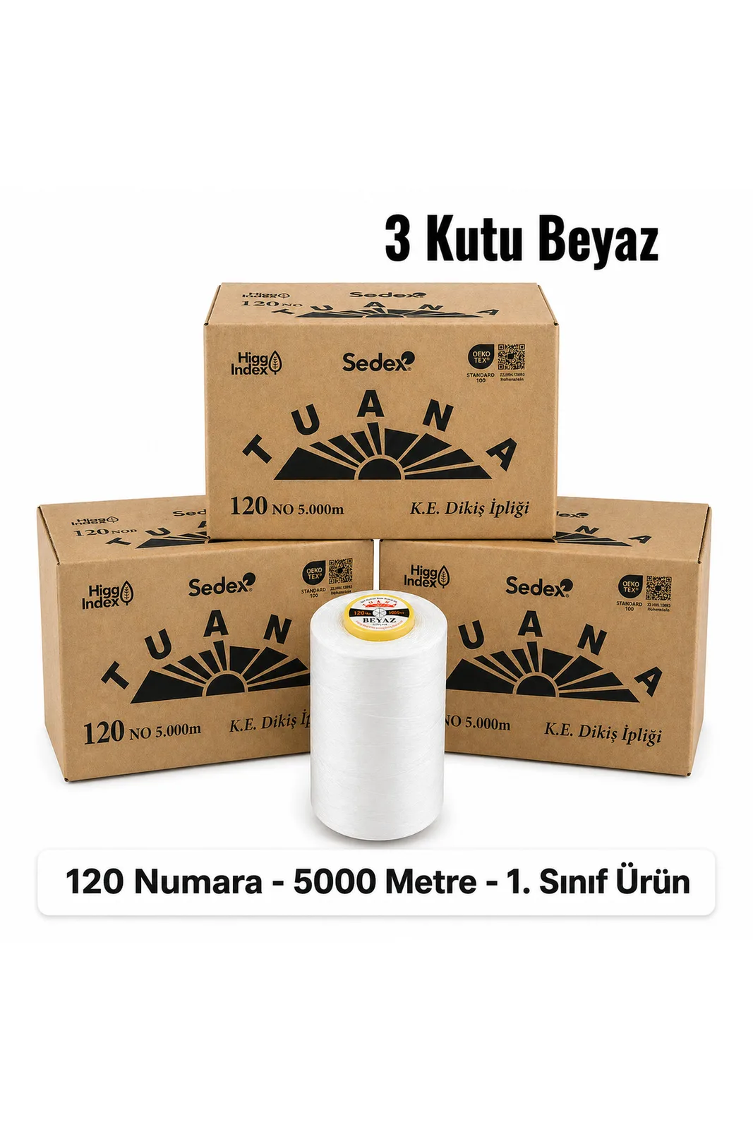 Tuana Polyester Dikiş İpliği 120 No 5000 Metre Beyaz 3 Kutu 18 Bobin 3 koli ve beyaz bobin