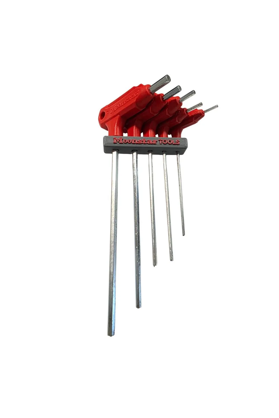 Moonstar T Saplı İki Uçlu Alyan Anahtar Takımı 5 Parça 2-5mm kırmızı saplı, standında önden görünüm