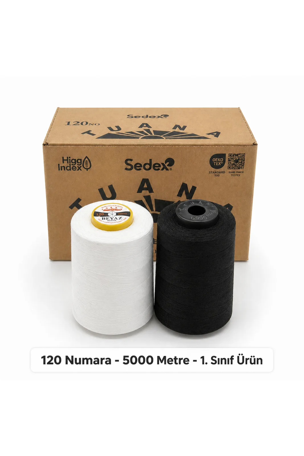 Tuana Polyester Dikiş İpliği 120 No 5000 Metre 2 Bobin 1 Beyaz 1 Siyah siyah ve beyaz bobin, koli önünde