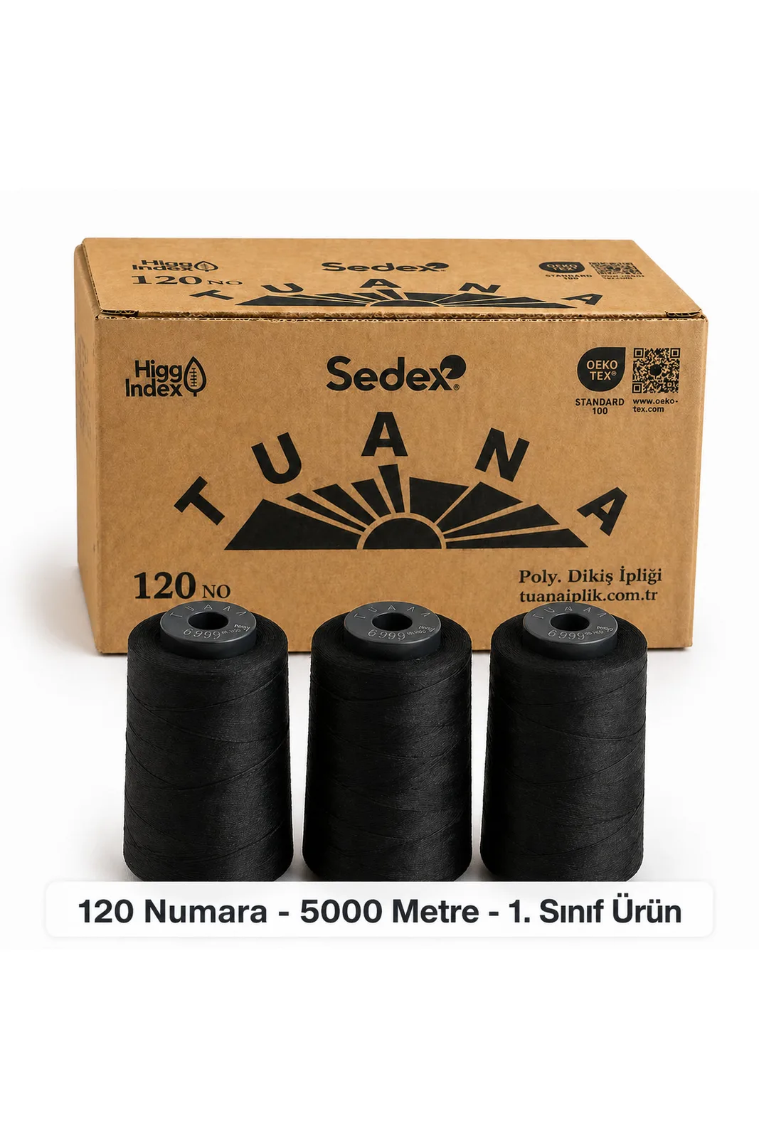 Tuana Polyester Dikiş İpliği 120 Numara 5000 Metre Siyah 3'lü Bobin koli önünde üç siyah bobin