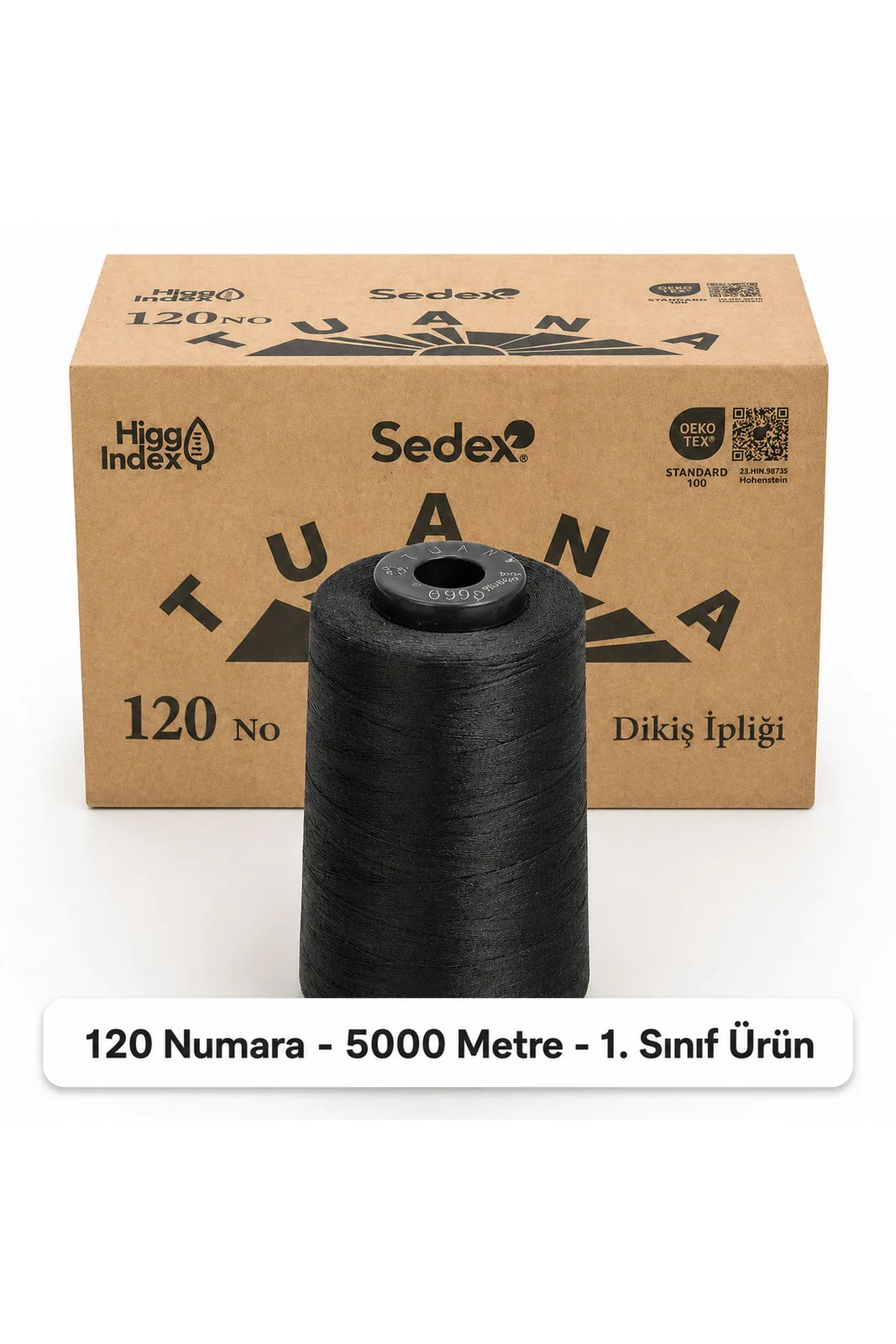 Tuana Polyester Dikiş İpliği 120 Numara 5000 Metre Siyah Tekli Bobin koli önünde tek siyah bobin
