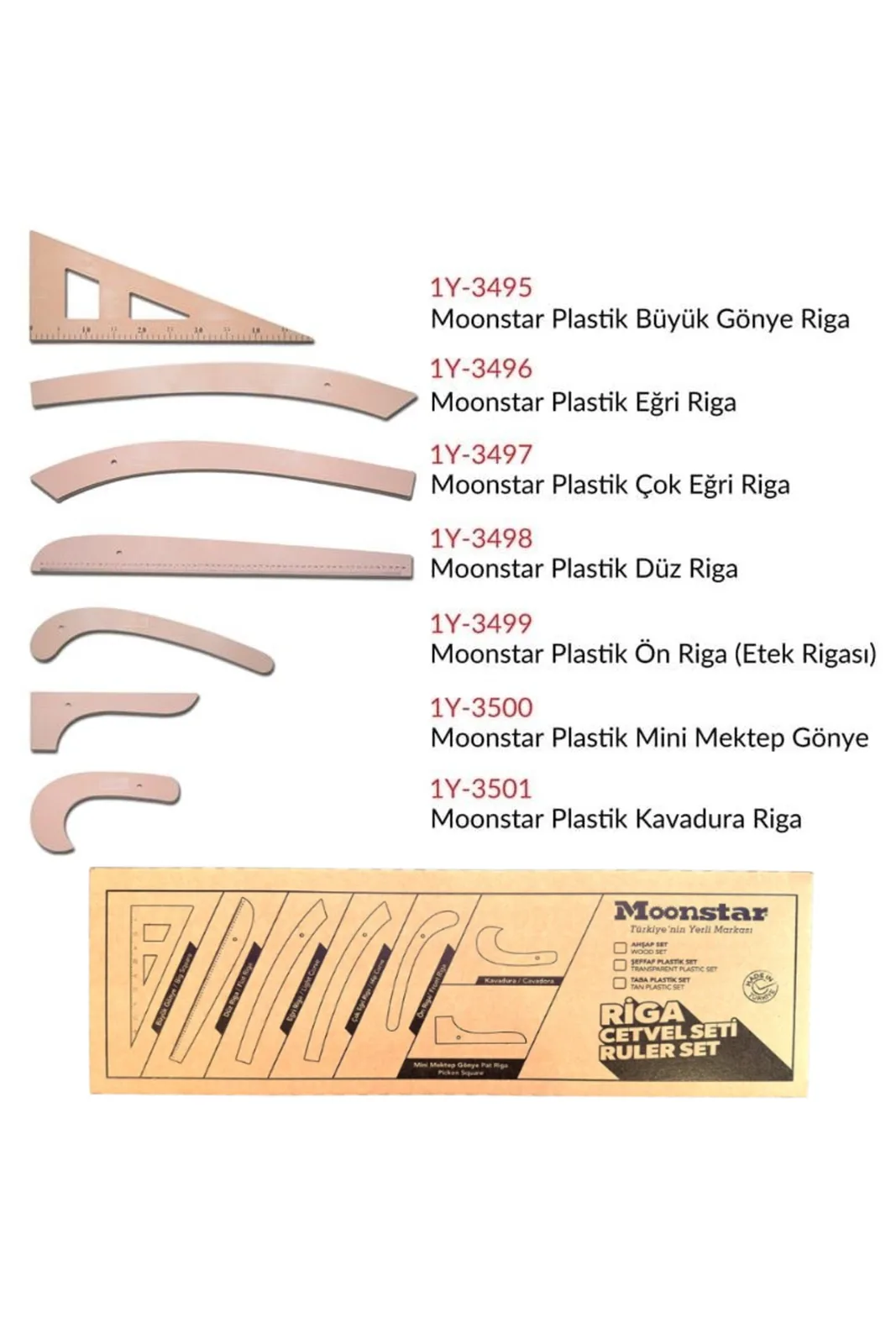 Taba Plastik Riga Cetvel Takımı 7 Parça Kutulu parçaların tek tek görünümü ve kutusu