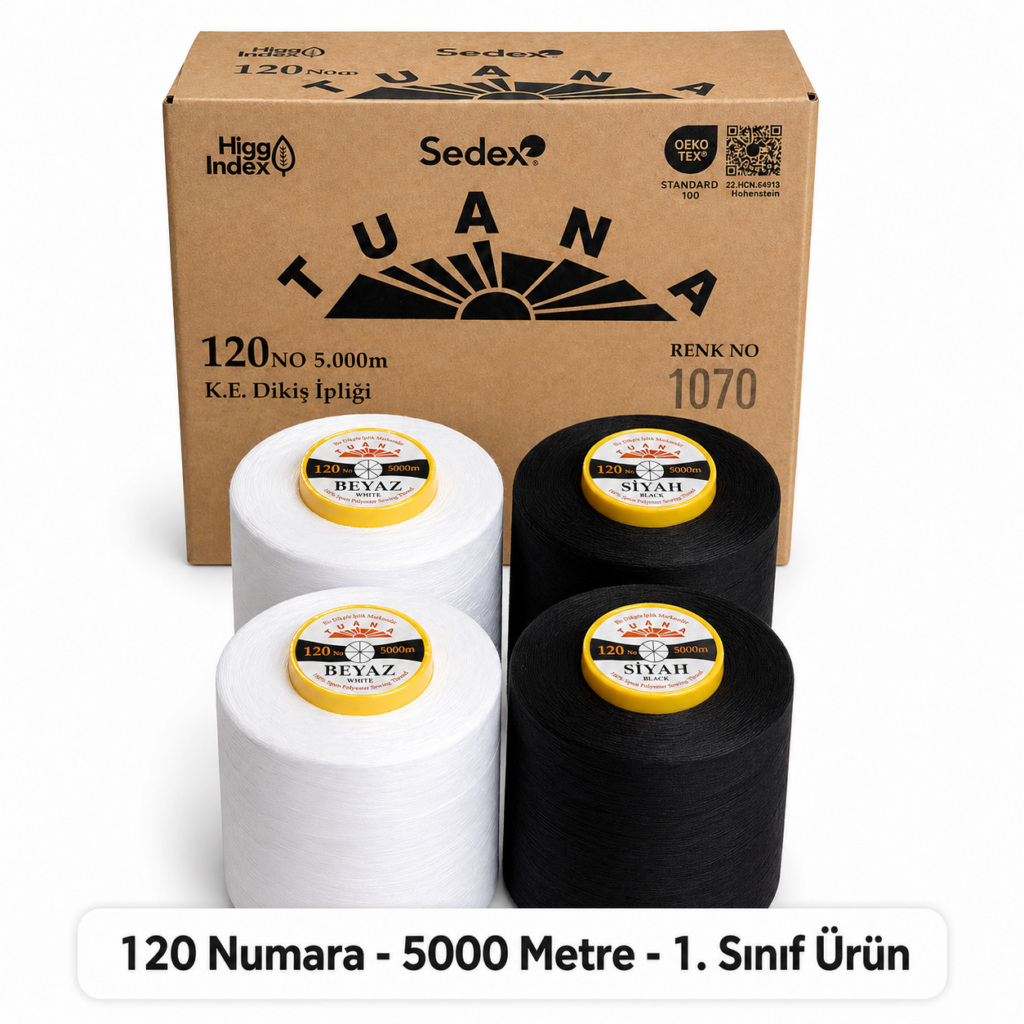 Tuana 120 Numara 5000 Metre Polyester Dikiş İpliği - 4'lü Karışık (2 Beyaz + 2 Siyah)