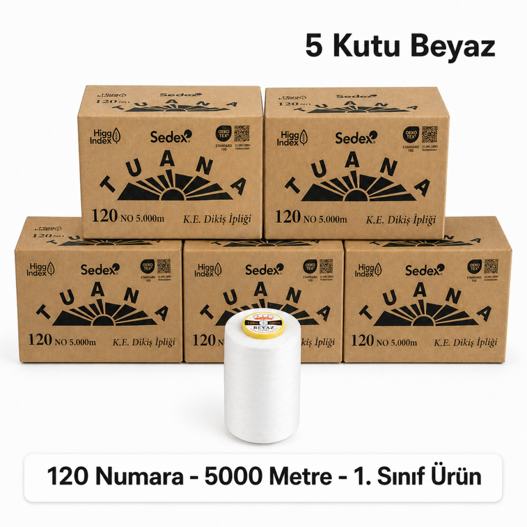 Dikiş İpi Numarası Rehberi: 60, 80, 120 No Hangisi Hangi Kumaşa? 1 Tuana 120 Numara 5000 Metre Polyester Dikiş İpliği - 5 Kutu Beyaz (30 Bobin)
