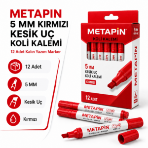 Metapin 5 mm kırmızı kesik uç koli kalemi 12 li paket vitrin görseli